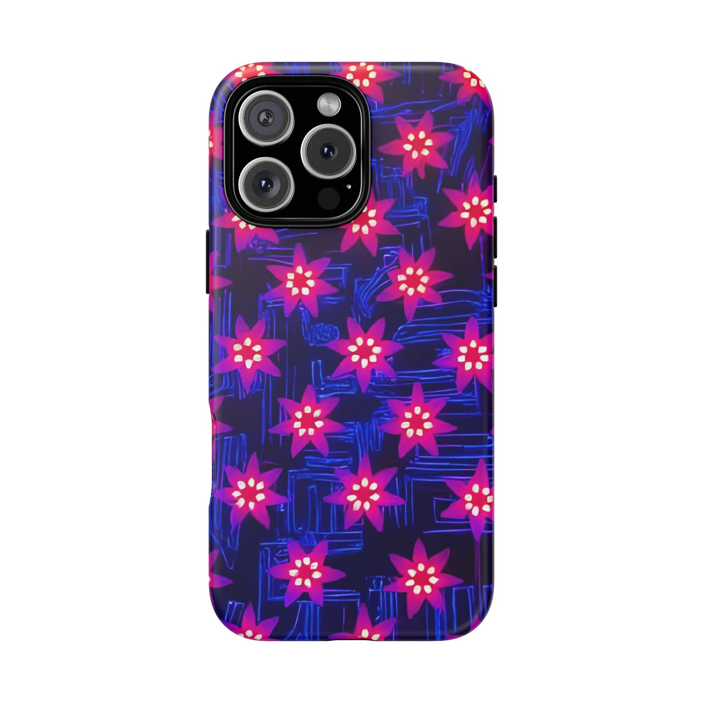 Neon Flower Tough Phone Case - Trippy Dark Floral Art, Electric Glow Aesthetic, Compatible with iPhone, Galaxy, and Google Phones