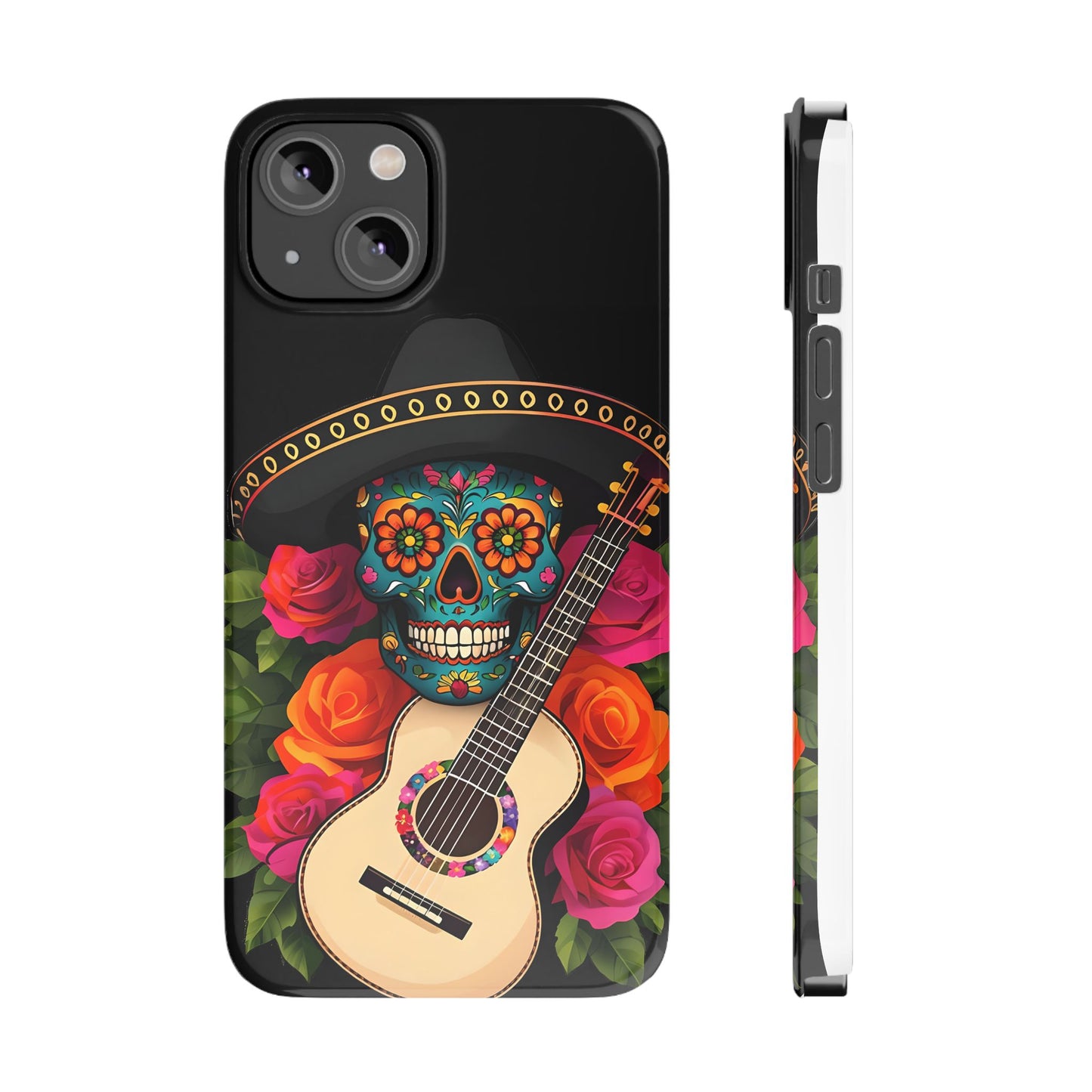 Mariachi Skull Slim Phone Case, Colorful Folk Aesthetic, Halloween Floral Skull Design, Gift for Mexican Culture Lovers