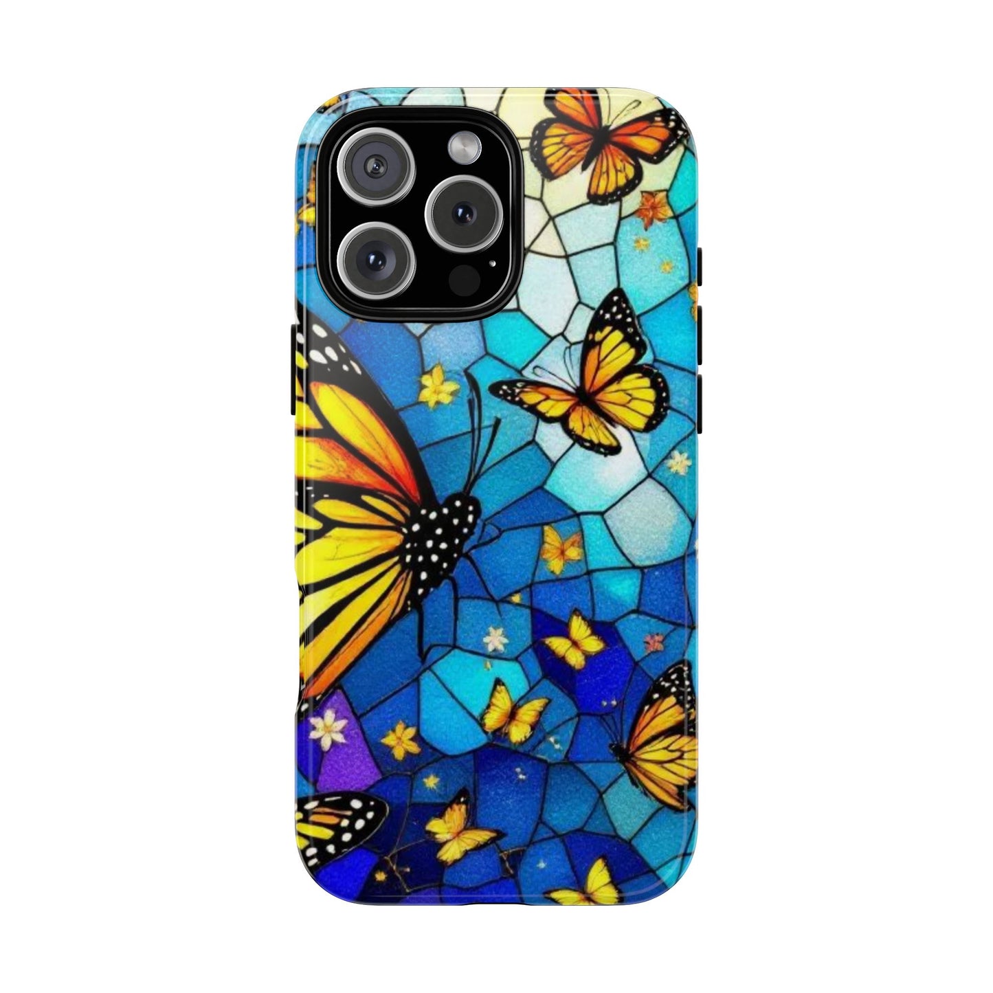 Boho Butterfly Phone Case compatible with iPhone 16 15 14 13 12 11 Pro Max Samsung Pixel Vibrant Blue Stained Glass Monarch Art Gift for Her