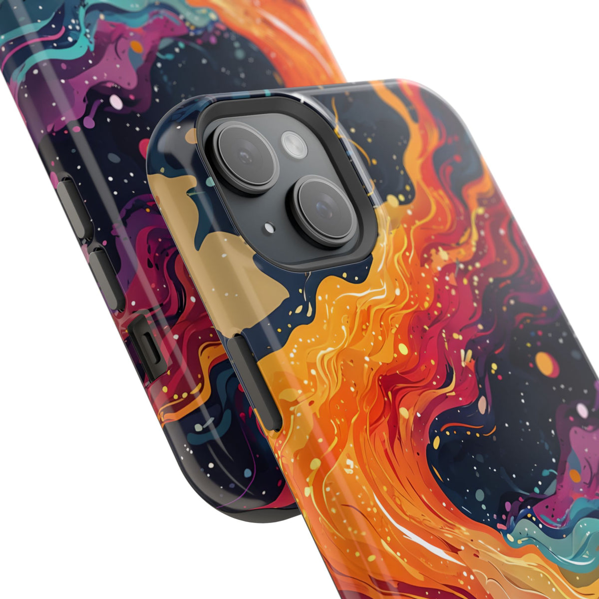 A night sky explodes with color on this cosmic magnetic phone case. Featuring a psychedelic swirl of nebula-like motion in vivid hues, it's a protective case and art piece all in one — perfect for bold tech style.