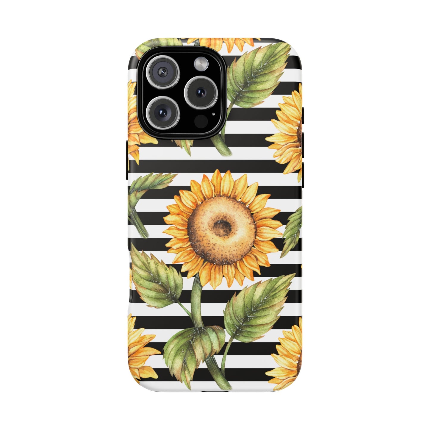 Sunflower Tough Phone Case - Bold Yellow Floral Art, Black and White Striped Aesthetic, Compatible with iPhone, Galaxy, and Google Phones