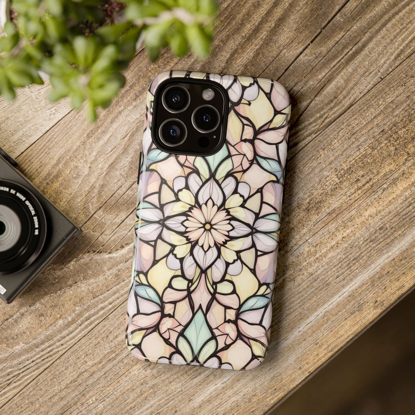 Pastel Stained Glass Mandala Phone Case, Tough Durable Vintage Floral Artistic Design compatible with iPhone, Samsung & Google Pixel Models