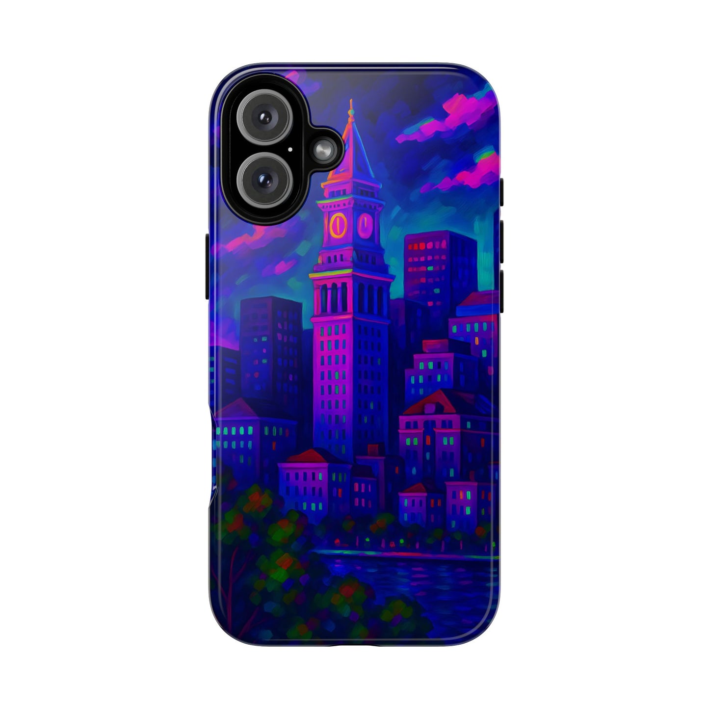 Boston Cityscape Tough Phone Case, Neon Night Skyline, Sunset Tower View Watercolor Urban Art, Compatible with iPhone, Galaxy, Google Phones
