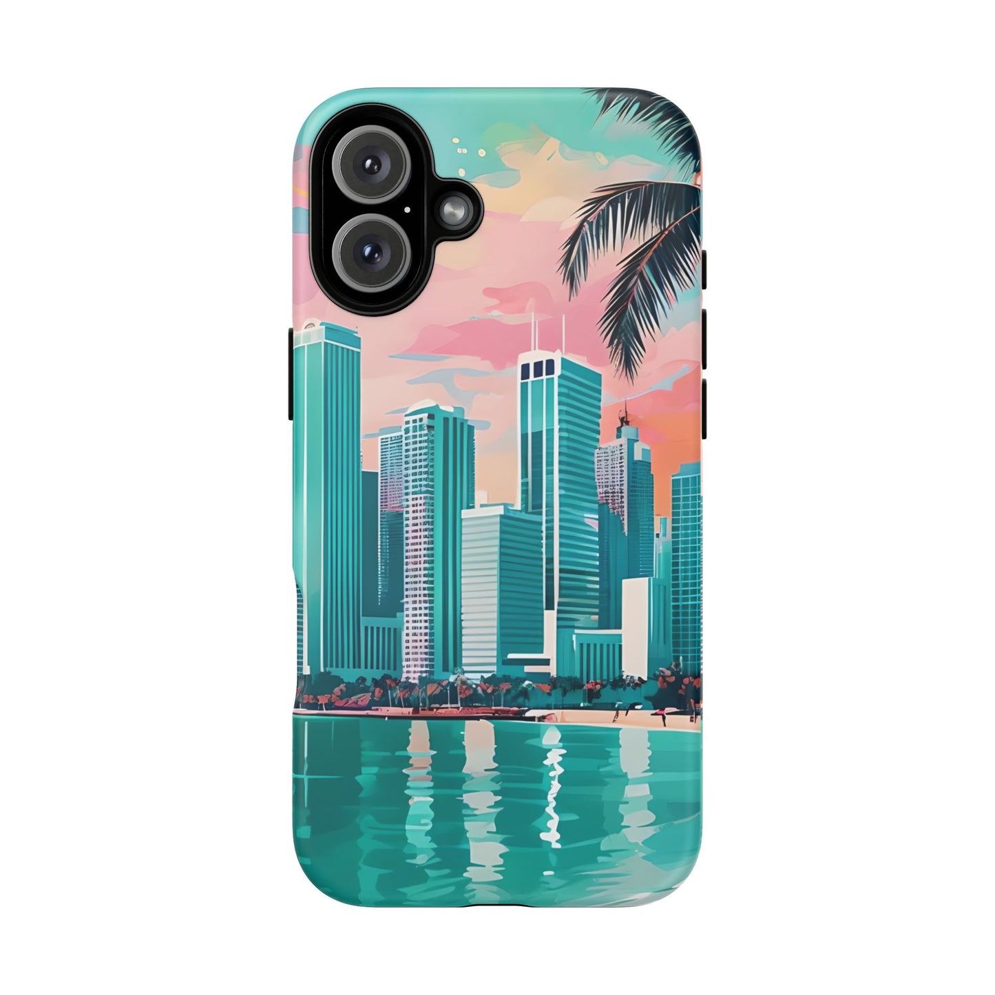 Miami Cityscape Phone Case - Tropical Skyline Tough Case, Sunset Beach Urban Art, Gift for Travelers Compatible with iPhone, Galaxy, Google