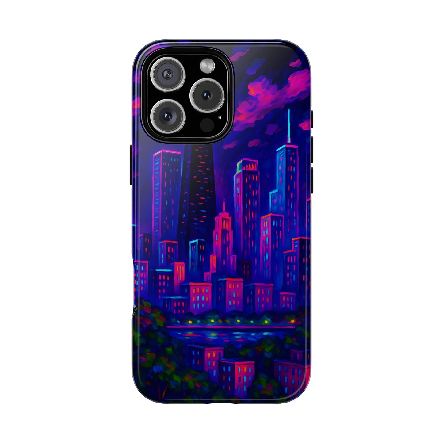 Cityscape Tough Phone Case, Chicago Skyline Phone Cover, Neon Night Design Compatible with iPhone, Galaxy & Google