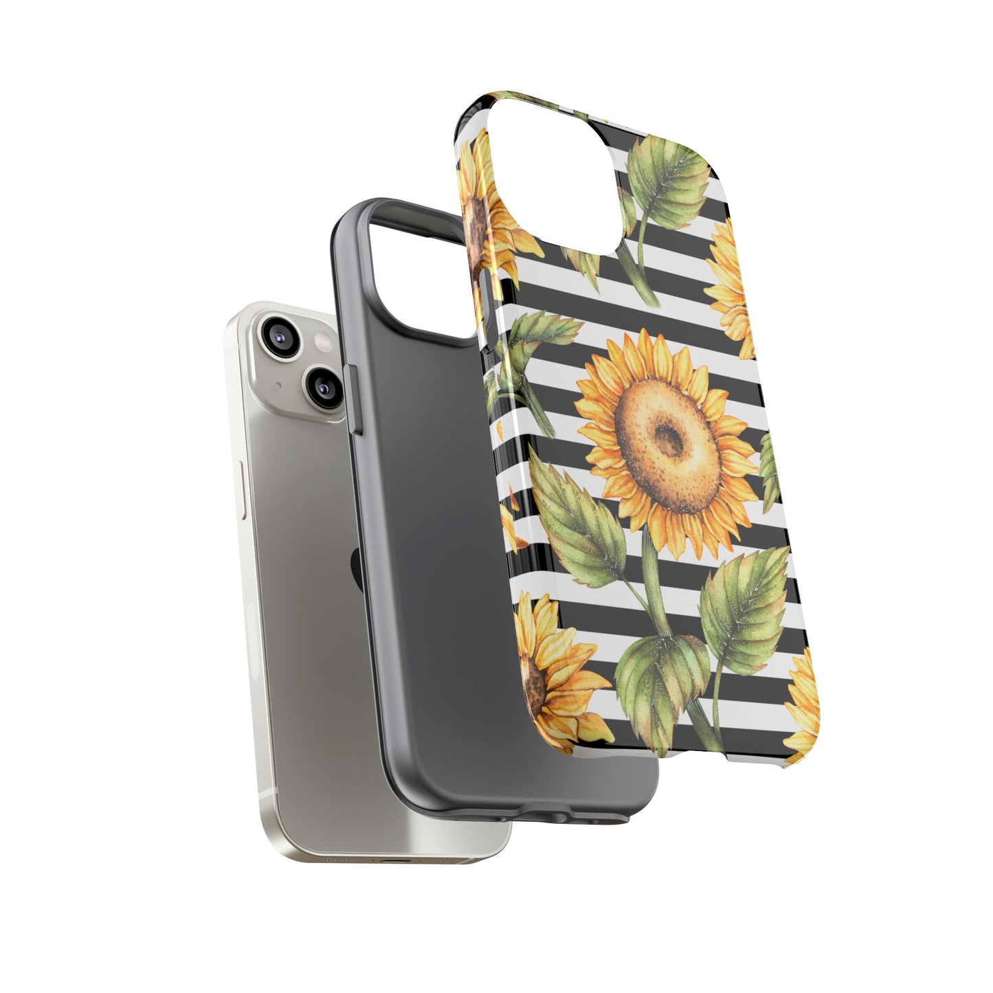 Sunflower Tough Phone Case - Bold Yellow Floral Art, Black and White Striped Aesthetic, Compatible with iPhone, Galaxy, and Google Phones