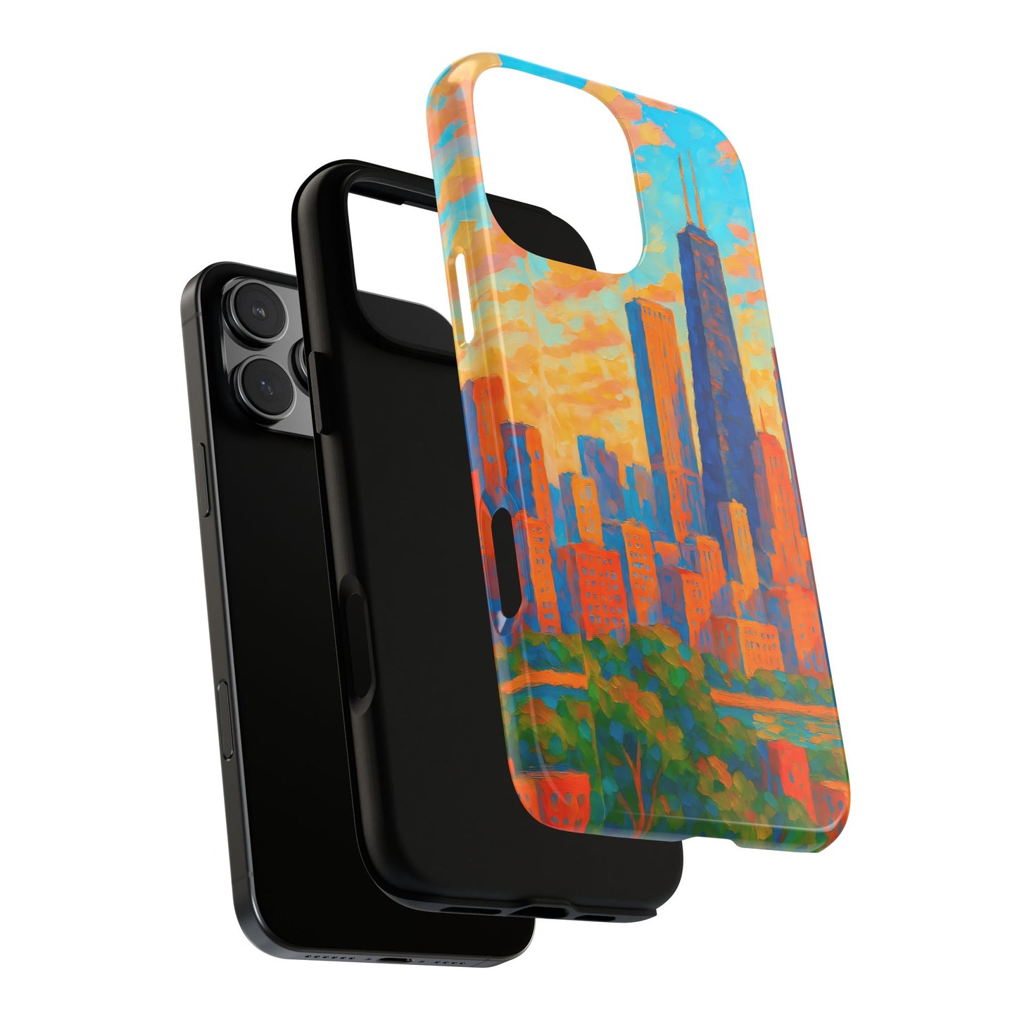 Cityscape Tough Phone Case, Chicago Skyline Phone Cover, Sunset Glow Design Compatible with iPhone, Galaxy & Google