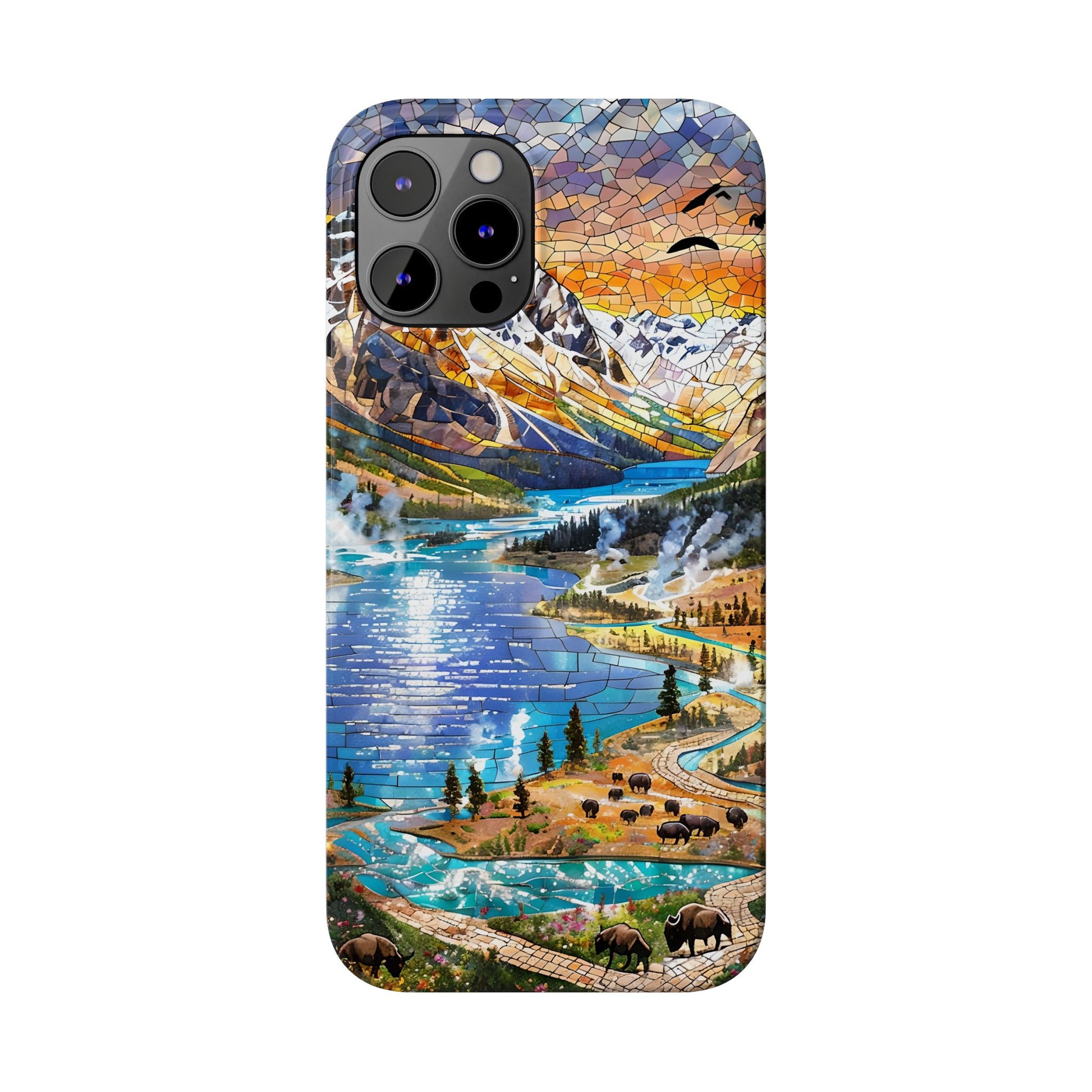 May include: A close-up of a smartphone case with a mosaic design. The case features a landscape scene with mountains, water, and trees in shades of blue, orange, and brown. The phone's camera lenses are visible.
