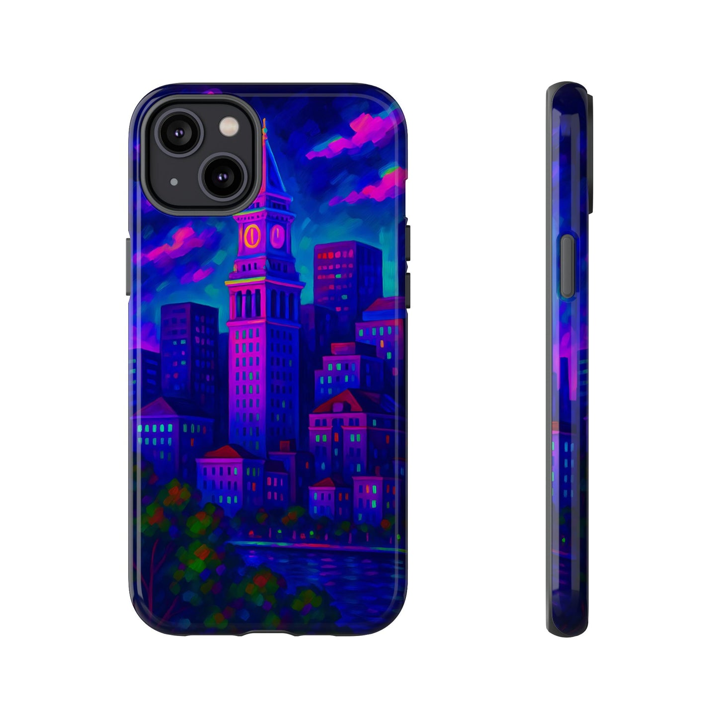 Boston Cityscape Tough Phone Case, Neon Night Skyline, Sunset Tower View Watercolor Urban Art, Compatible with iPhone, Galaxy, Google Phones