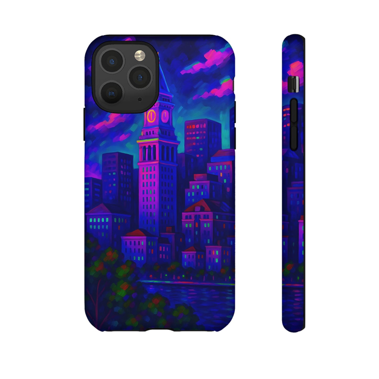 Boston Cityscape Tough Phone Case, Neon Night Skyline, Sunset Tower View Watercolor Urban Art, Compatible with iPhone, Galaxy, Google Phones