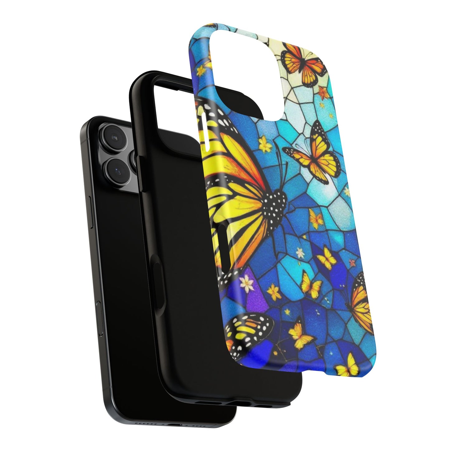 Boho Butterfly Phone Case compatible with iPhone 16 15 14 13 12 11 Pro Max Samsung Pixel Vibrant Blue Stained Glass Monarch Art Gift for Her