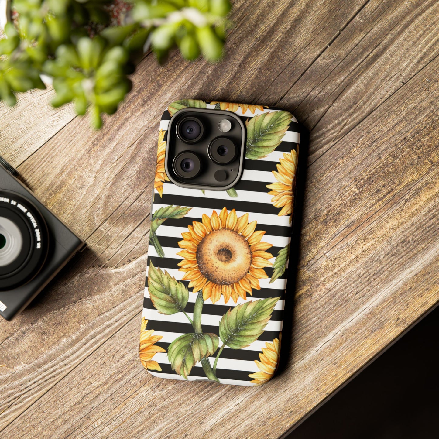 Sunflower Tough Phone Case - Bold Yellow Floral Art, Black and White Striped Aesthetic, Compatible with iPhone, Galaxy, and Google Phones