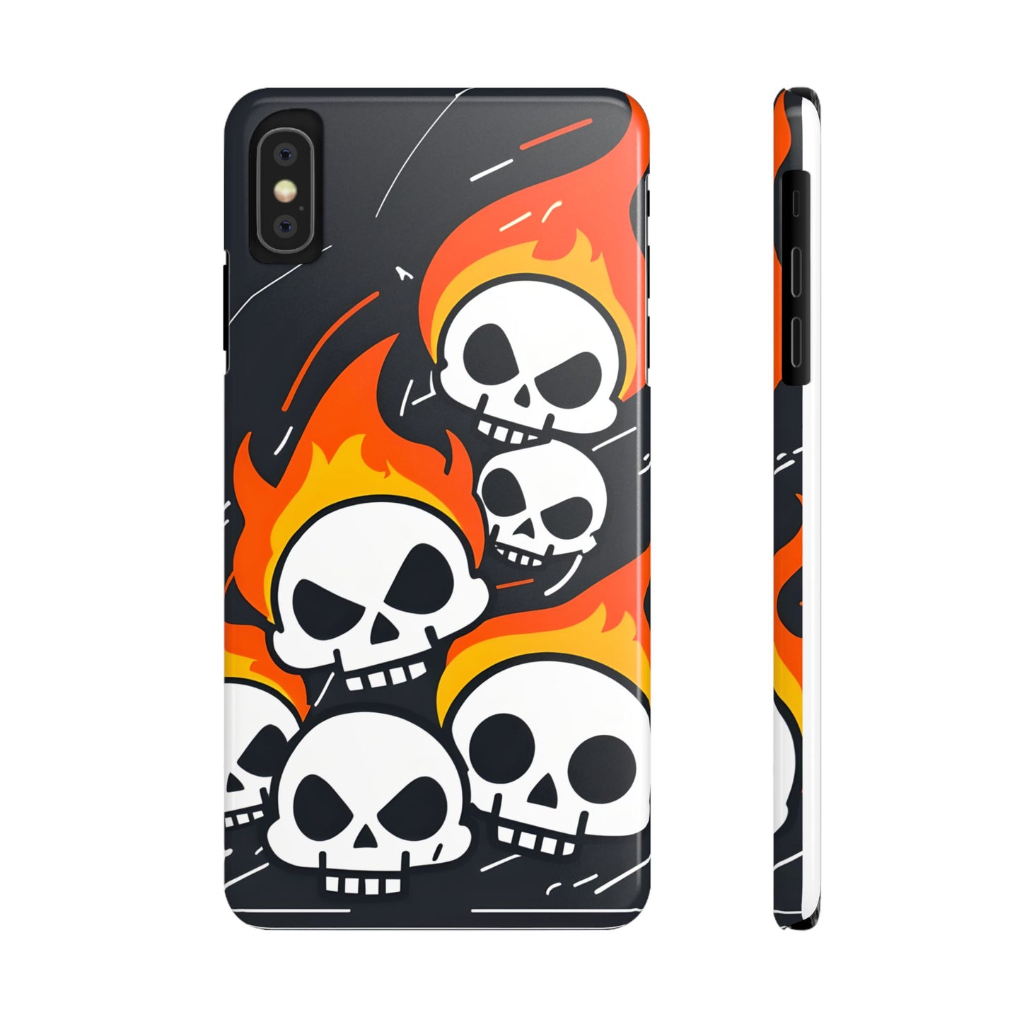Flaming Skulls Slim Phone Case, Y2K Alt Halloween Aesthetic, Creepy Cute Cartoon Style, Stylish Music Lovers, Perfect Gift for Halloween