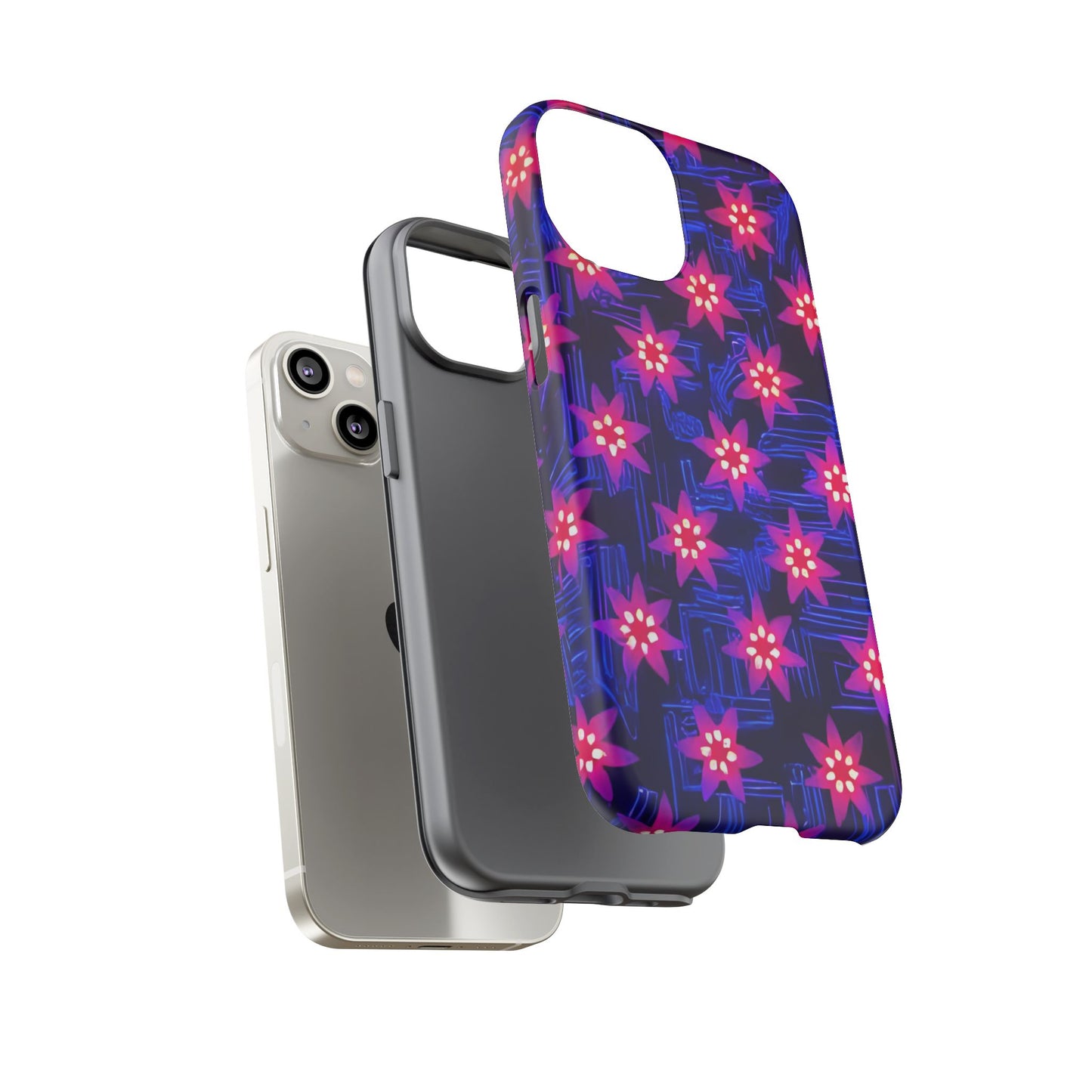 Neon Flower Tough Phone Case - Trippy Dark Floral Art, Electric Glow Aesthetic, Compatible with iPhone, Galaxy, and Google Phones
