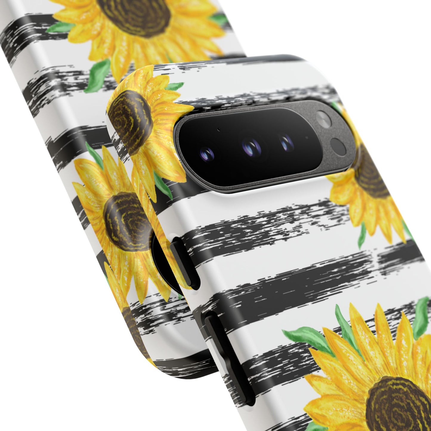 Sunflower Tough Phone Case - Bright Yellow Floral Art, Black and White Striped Aesthetic, Compatible with iPhone, Galaxy, and Google Phones