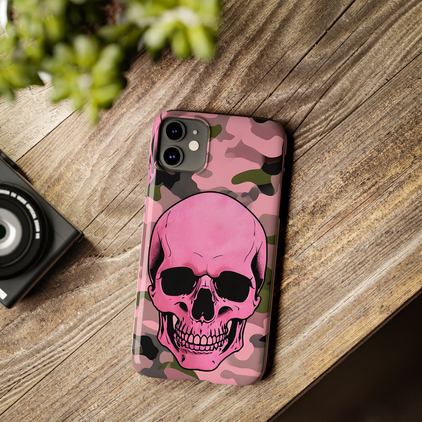 Pink Camo Skull Phone Case, Slim Case for iPhone, Edgy Phone Accessory, Unique Gift for Her, Trendy Tech Lover