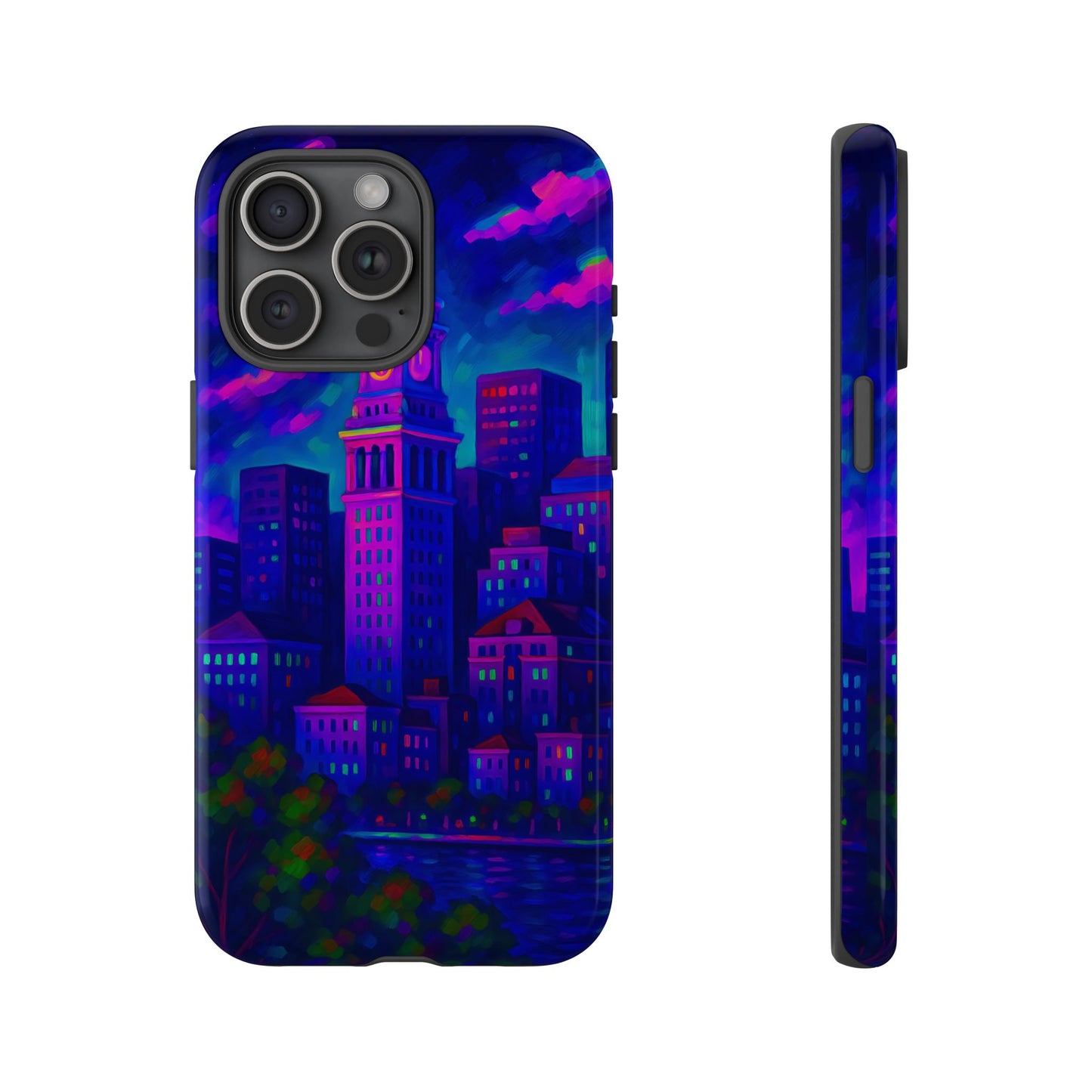 Boston Cityscape Tough Phone Case, Neon Night Skyline, Sunset Tower View Watercolor Urban Art, Compatible with iPhone, Galaxy, Google Phones
