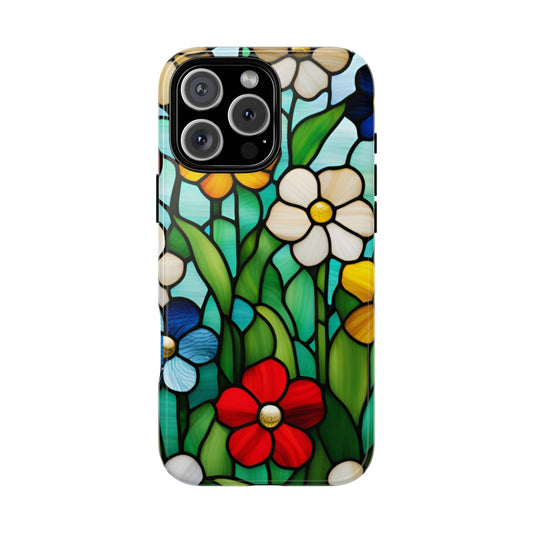 Stained Glass Floral Tough Phone Case Vibrant Protective Cover compatible with iPhone 16 Pro Max Plus 15 14 13 12 11 X Samsung, Google Pixel