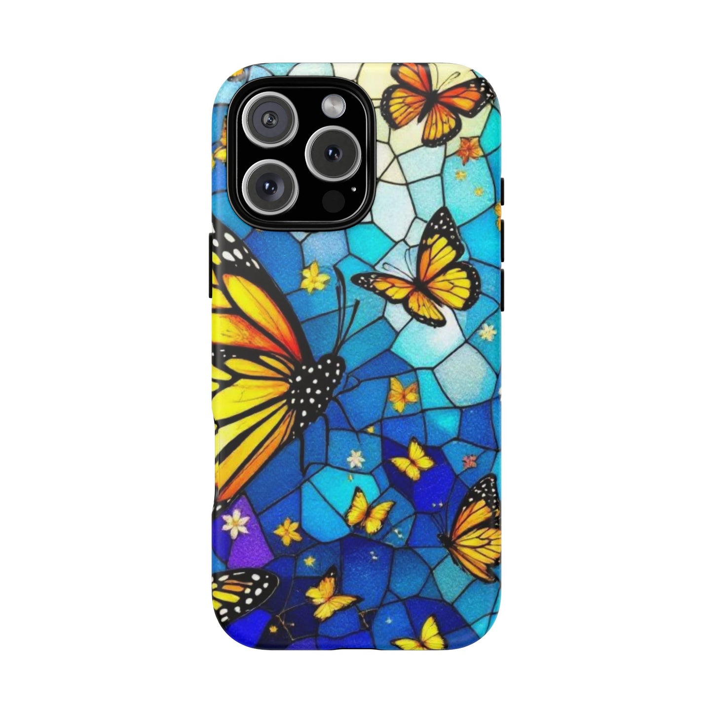 Boho Butterfly Phone Case compatible with iPhone 16 15 14 13 12 11 Pro Max Samsung Pixel Vibrant Blue Stained Glass Monarch Art Gift for Her