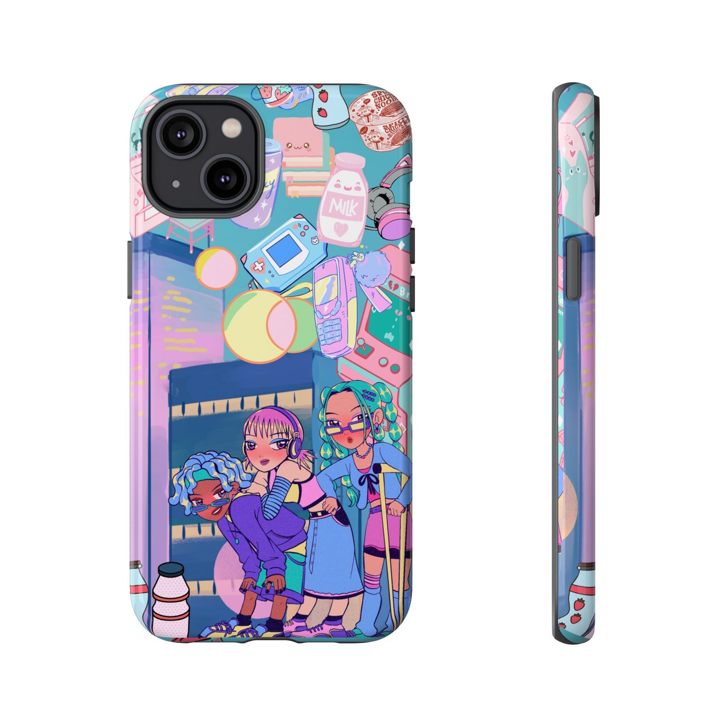 Y2K Anime Girl Tough Phone Case - Kawaii Vaporwave Style, Cute Maximalist Aesthetic, Compatible with iPhone, Galaxy, and Google Phones