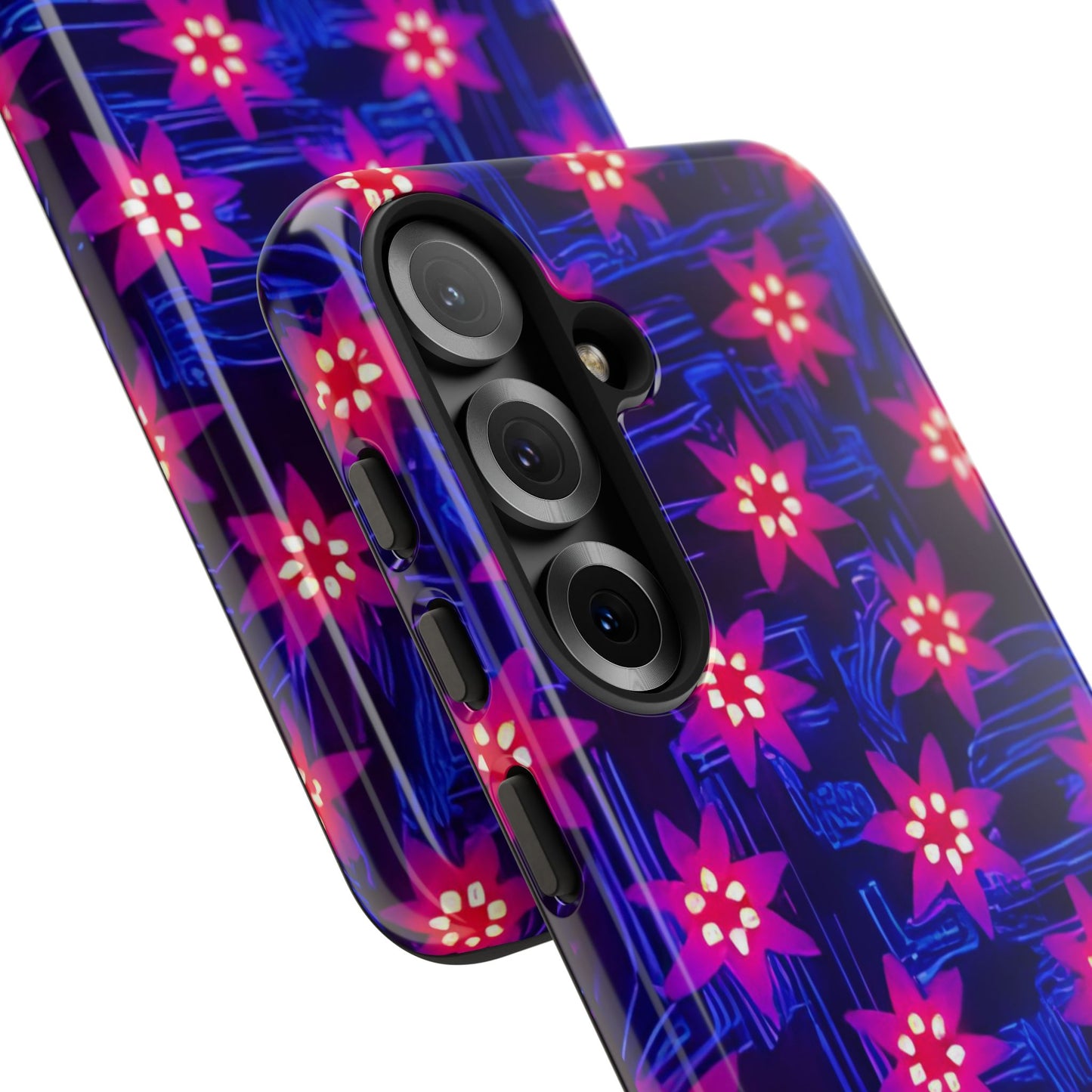 Neon Flower Tough Phone Case - Trippy Dark Floral Art, Electric Glow Aesthetic, Compatible with iPhone, Galaxy, and Google Phones