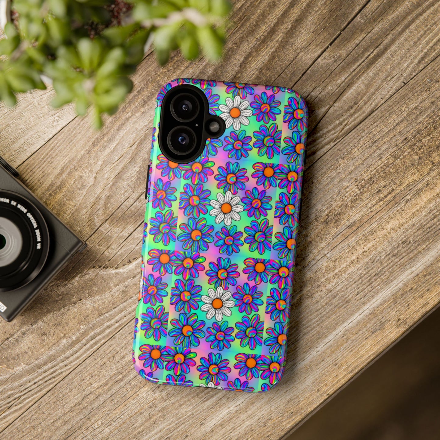 Trippy Daisy Tough Phone Case - Psychedelic Floral Aesthetic, Colorful Groovy Design, Compatible with iPhone, Galaxy, and Google Phones