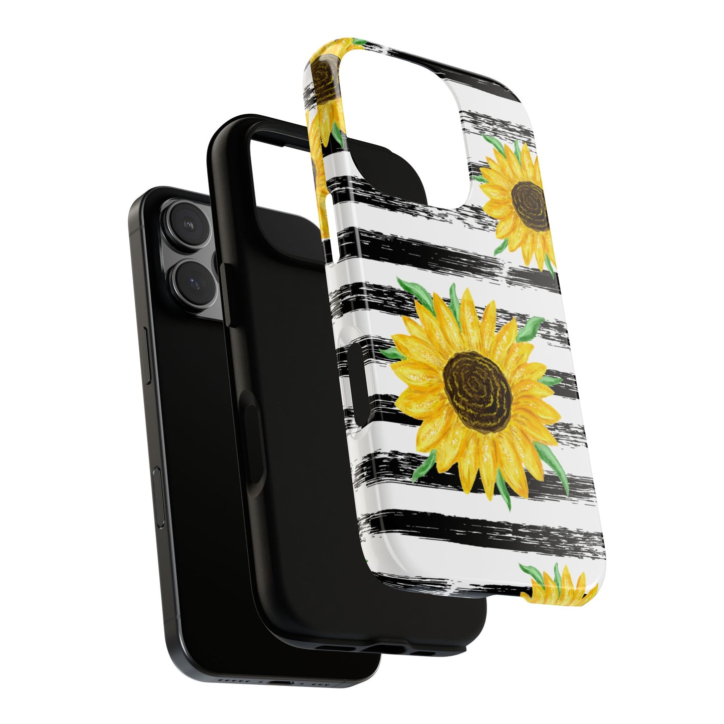 Sunflower Tough Phone Case - Bright Yellow Floral Art, Black and White Striped Aesthetic, Compatible with iPhone, Galaxy, and Google Phones