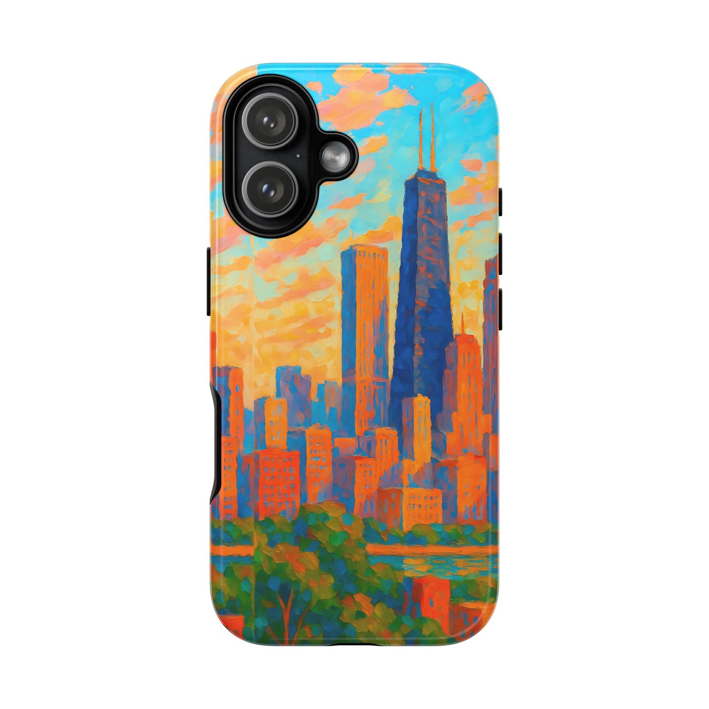 Cityscape Tough Phone Case, Chicago Skyline Phone Cover, Sunset Glow Design Compatible with iPhone, Galaxy & Google