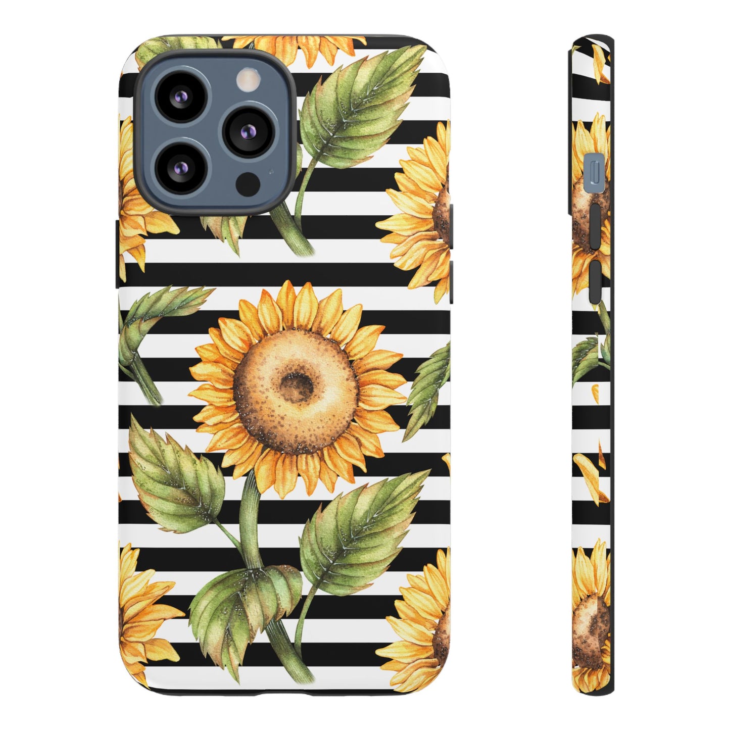 Sunflower Tough Phone Case - Bold Yellow Floral Art, Black and White Striped Aesthetic, Compatible with iPhone, Galaxy, and Google Phones