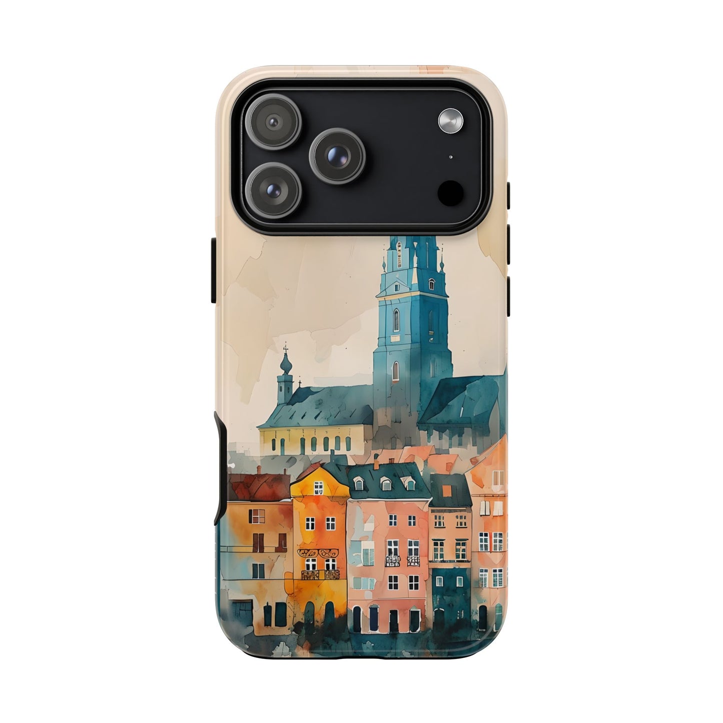 Cityscape Tough Phone Case, Riga Latvia Skyline Art, Watercolor Day Design Compatible with iPhone, Galaxy, and Google
