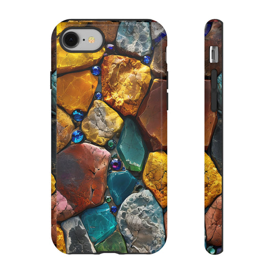 Gemstone Rock Mosaic Tough Phone Case - Nature-Inspired Crystal Pattern, Earthy Boho Aesthetic, Compatible with iPhone, Galaxy, and Pixels