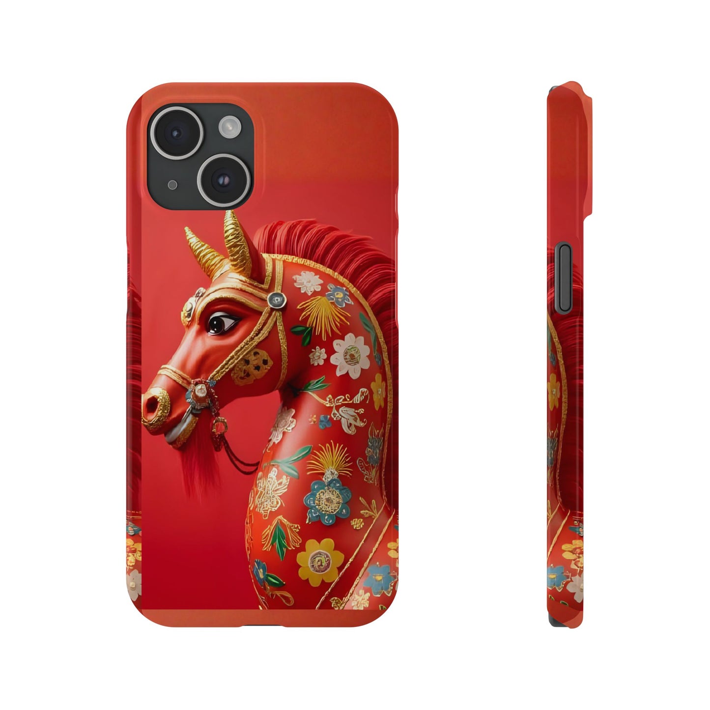 Year of the Horse Floral Art Slim Phone Case, Chinese Zodiac 2026 Design, compatible with iPhone 17 16 15 14 13 12 11
