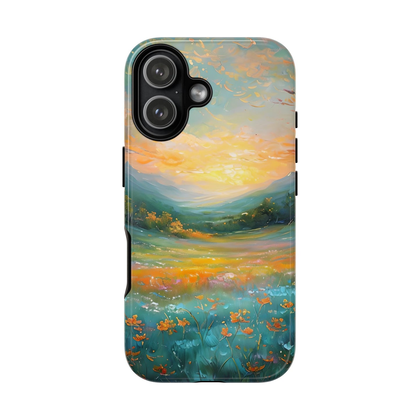 Wildflower Meadow Scenery Tough Phone Case, Oil Painting, Mountain Sunrise Compatible with iPhone 17, 16, 15, 14, 13, Galaxy, Google