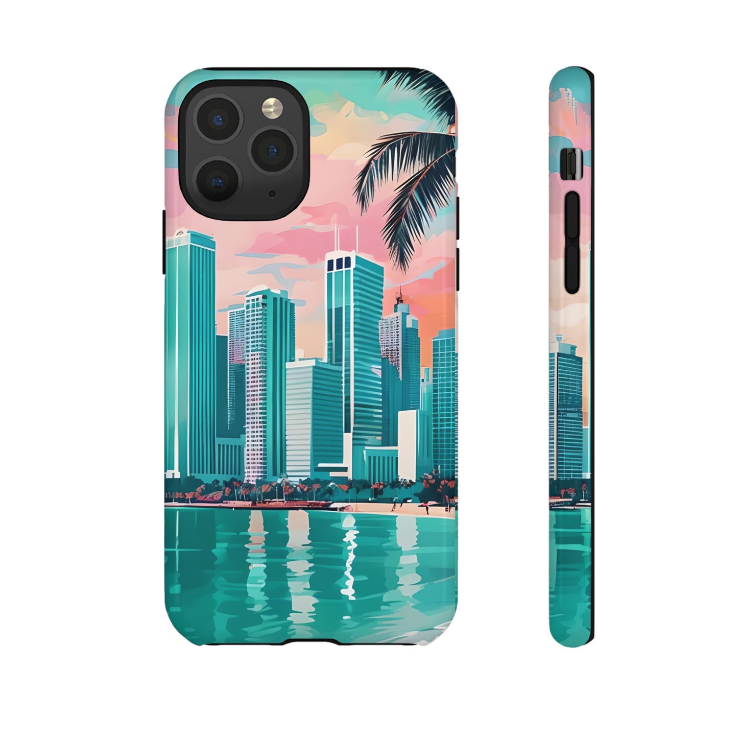Miami Cityscape Phone Case - Tropical Skyline Tough Case, Sunset Beach Urban Art, Gift for Travelers Compatible with iPhone, Galaxy, Google