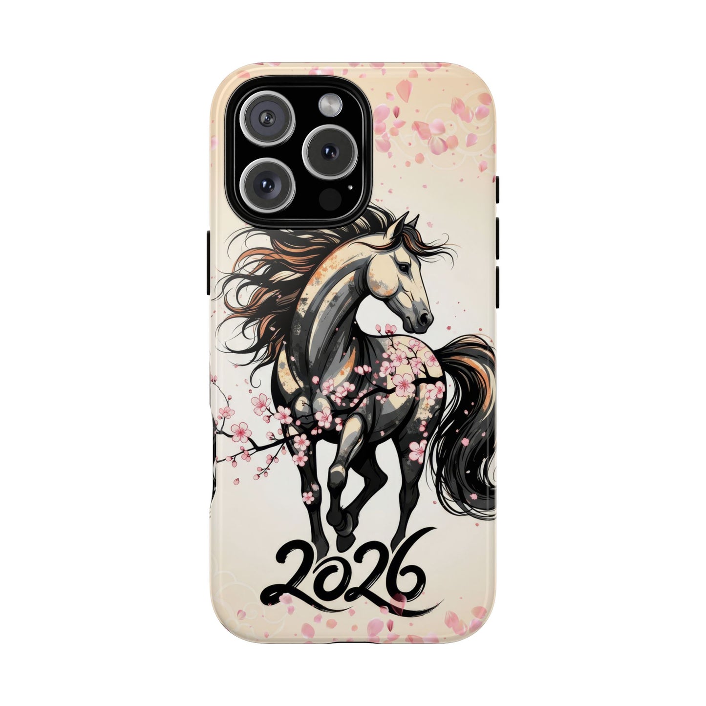 Year of the Horse Floral Art Tough Phone Case, Chinese Zodiac 2026 Design, compatible with iPhone 17 16 15 14 13 Galaxy Google