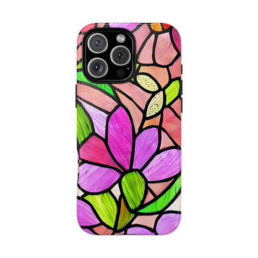 Stained Glass Floral Tough Phone Case - compatible with iPhone 15 14 13 12 11 X, Samsung Galaxy, Google Pixel- Artistic Flower Pattern Cover