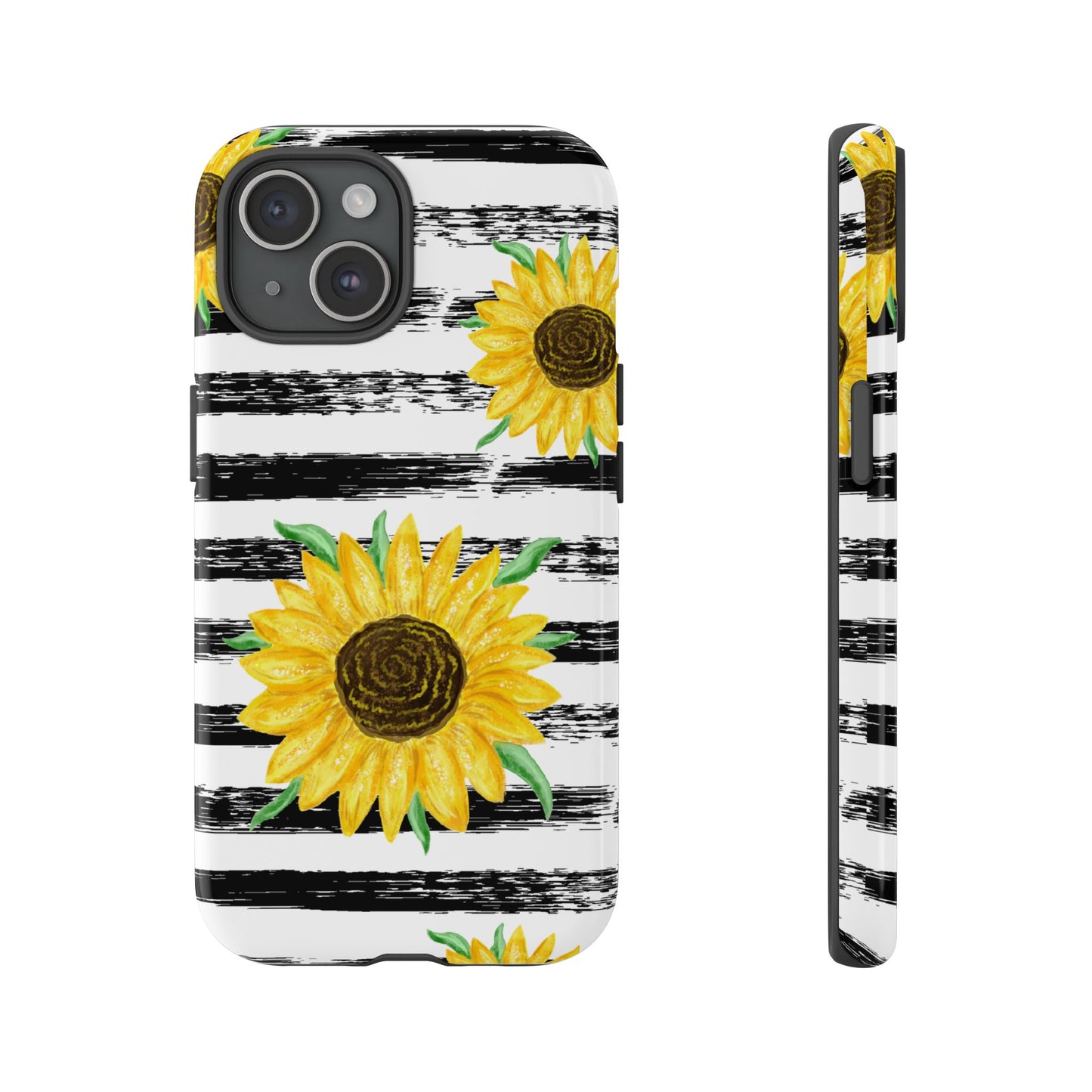 Sunflower Tough Phone Case - Bright Yellow Floral Art, Black and White Striped Aesthetic, Compatible with iPhone, Galaxy, and Google Phones