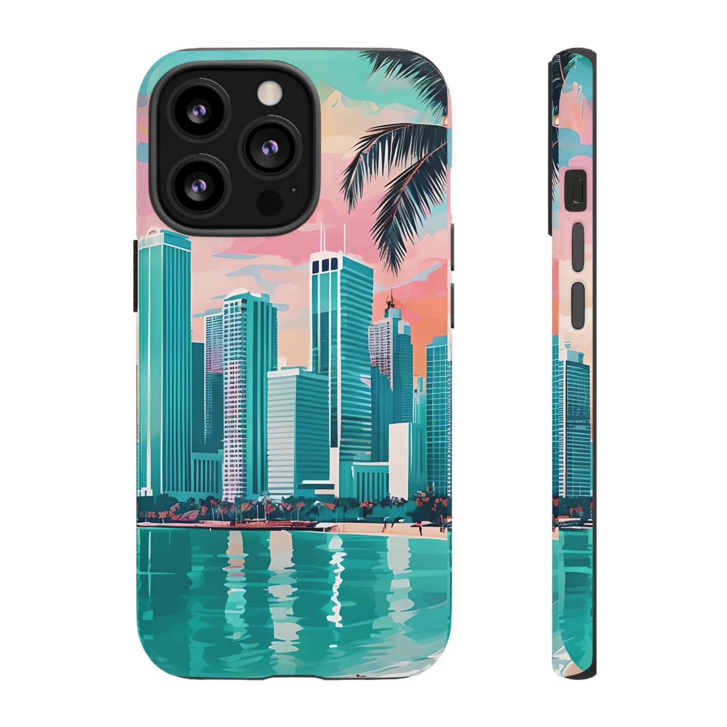 Miami Cityscape Phone Case - Tropical Skyline Tough Case, Sunset Beach Urban Art, Gift for Travelers Compatible with iPhone, Galaxy, Google