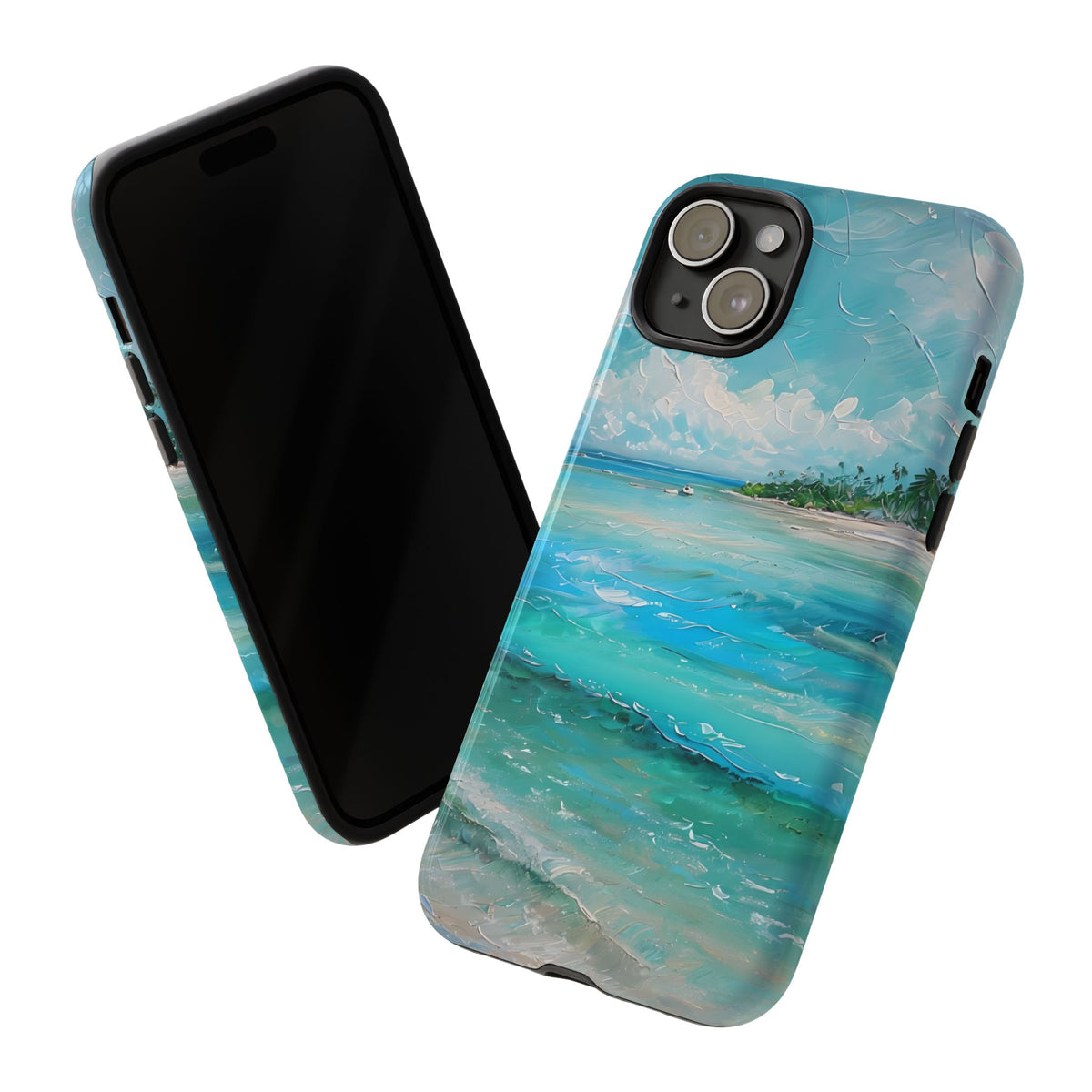 Tropical Beach Scenery Tough Phone Case, Oil Painting Phone Cover, Turquoise Ocean Compatible with iPhone 17, 16, 15, 14, 13, Galaxy, Google