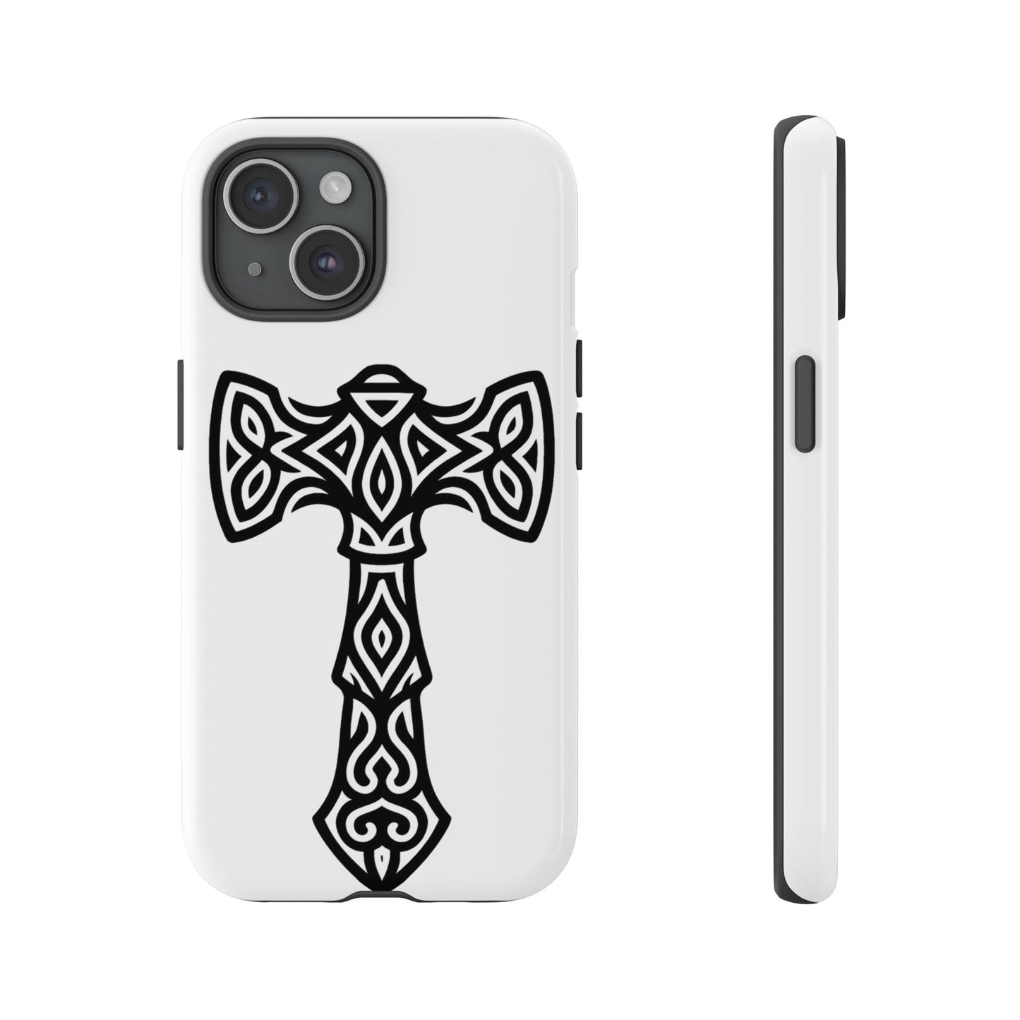 Tough Case Celtic Cross Black and White Design Phone Cover Compatible with iPhone 17, 16, 15, 14, 13, Galaxy, Google Irish Heritage Pattern