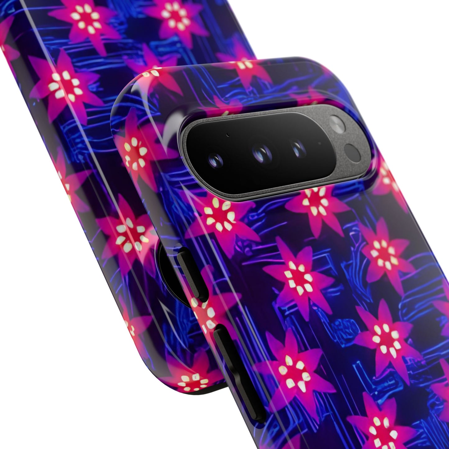 Neon Flower Tough Phone Case - Trippy Dark Floral Art, Electric Glow Aesthetic, Compatible with iPhone, Galaxy, and Google Phones