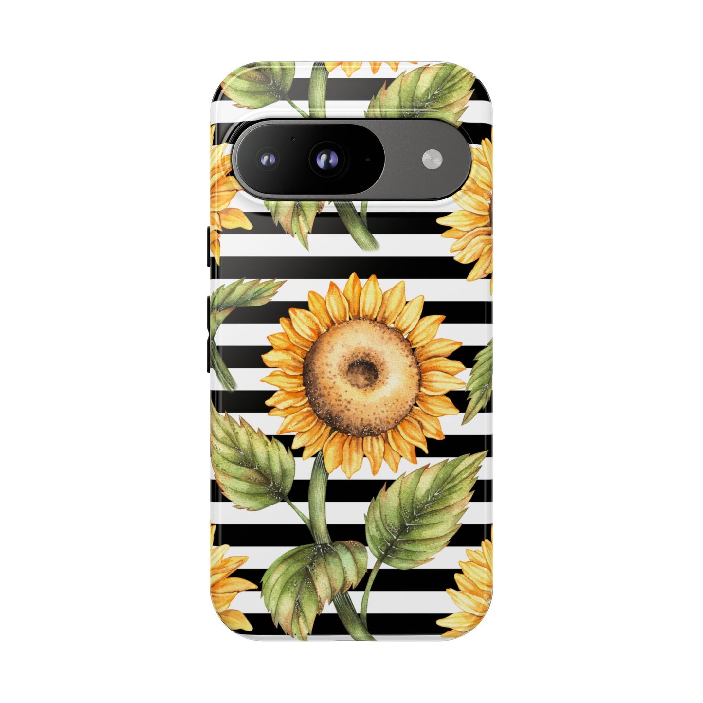 Sunflower Tough Phone Case - Bold Yellow Floral Art, Black and White Striped Aesthetic, Compatible with iPhone, Galaxy, and Google Phones