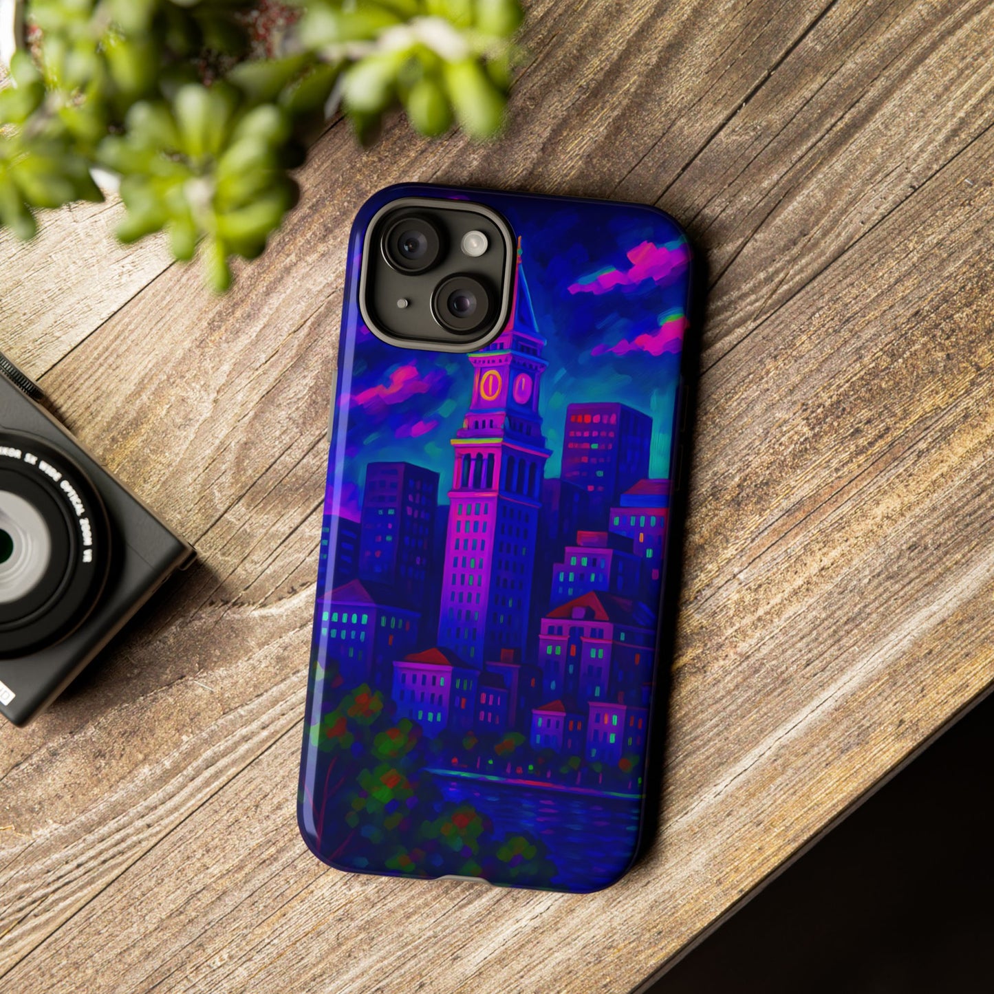 Boston Cityscape Tough Phone Case, Neon Night Skyline, Sunset Tower View Watercolor Urban Art, Compatible with iPhone, Galaxy, Google Phones