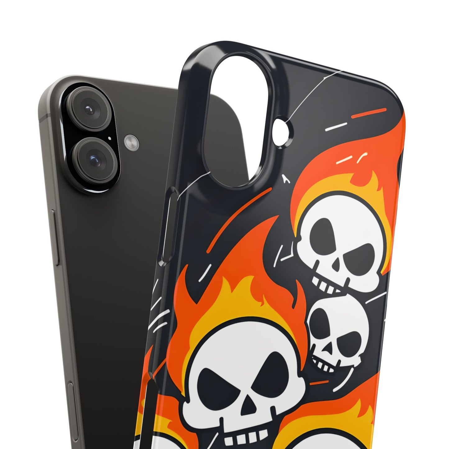Flaming Skulls Slim Phone Case, Y2K Alt Halloween Aesthetic, Creepy Cute Cartoon Style, Stylish Music Lovers, Perfect Gift for Halloween