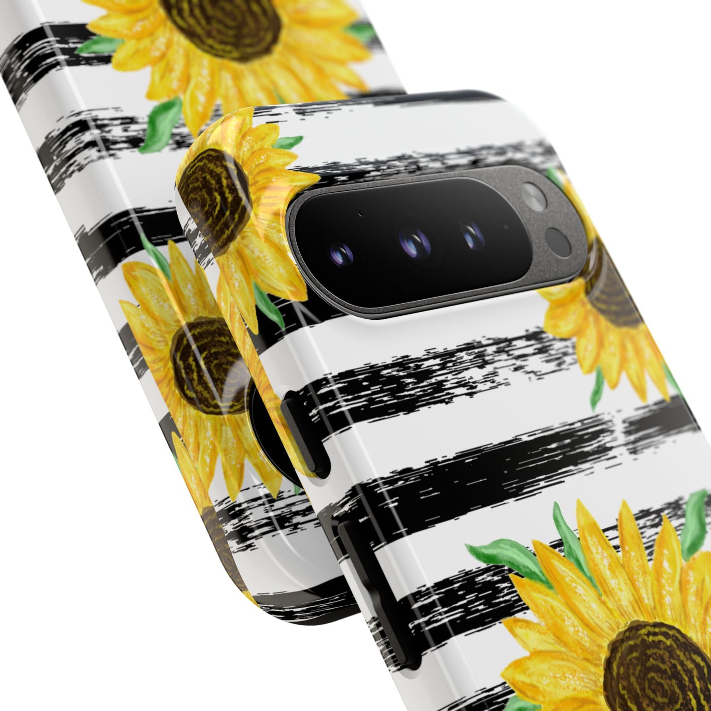 Sunflower Tough Phone Case - Bright Yellow Floral Art, Black and White Striped Aesthetic, Compatible with iPhone, Galaxy, and Google Phones