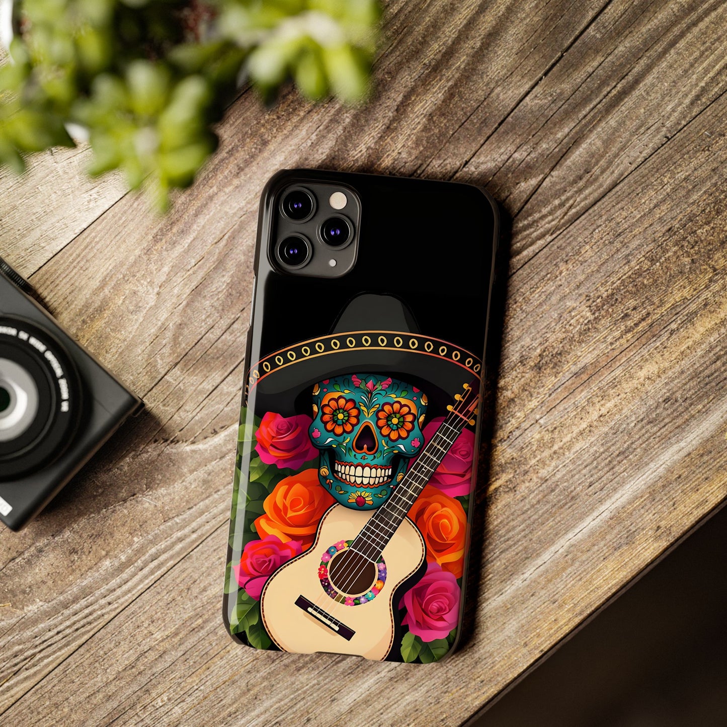 Mariachi Skull Slim Phone Case, Colorful Folk Aesthetic, Halloween Floral Skull Design, Gift for Mexican Culture Lovers