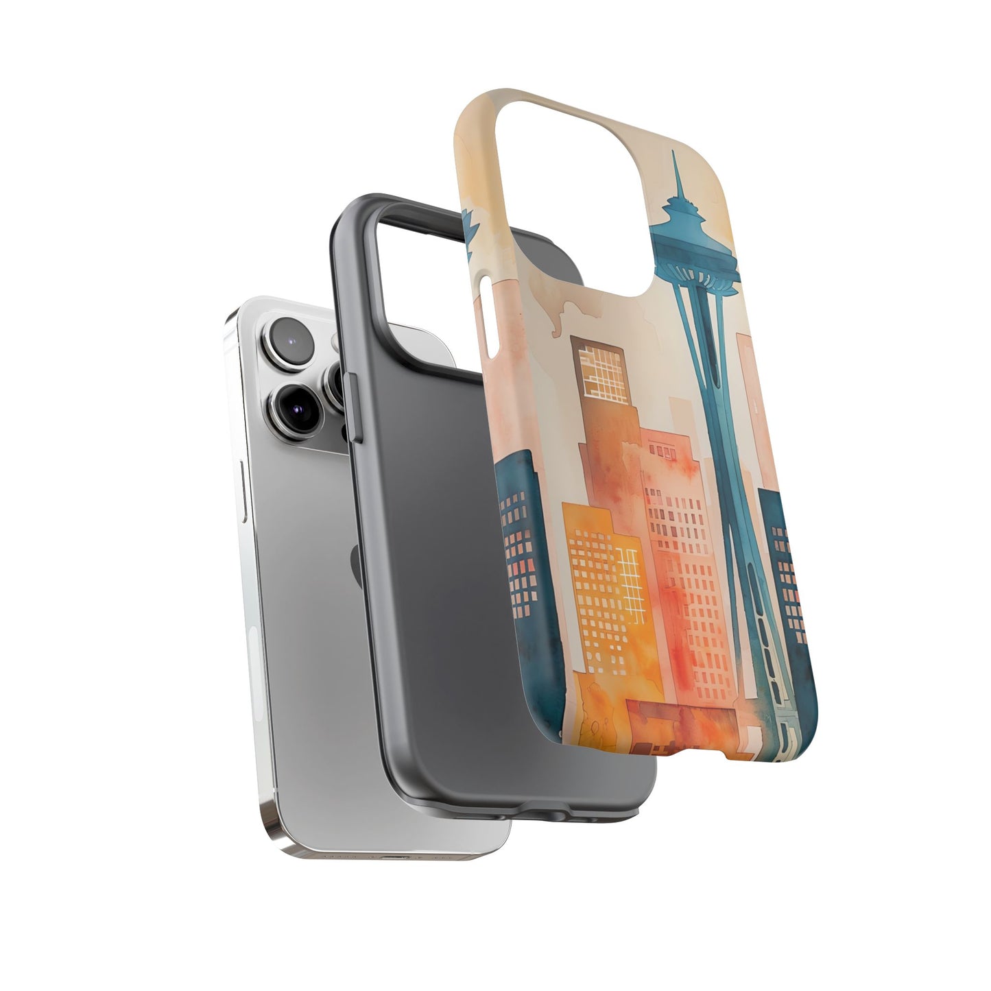 Seattle Cityscape Phone Case - Urban Skyline Art Tough Case, Watercolor City Aesthetic, Compatible with iPhone, Galaxy, Google Phones