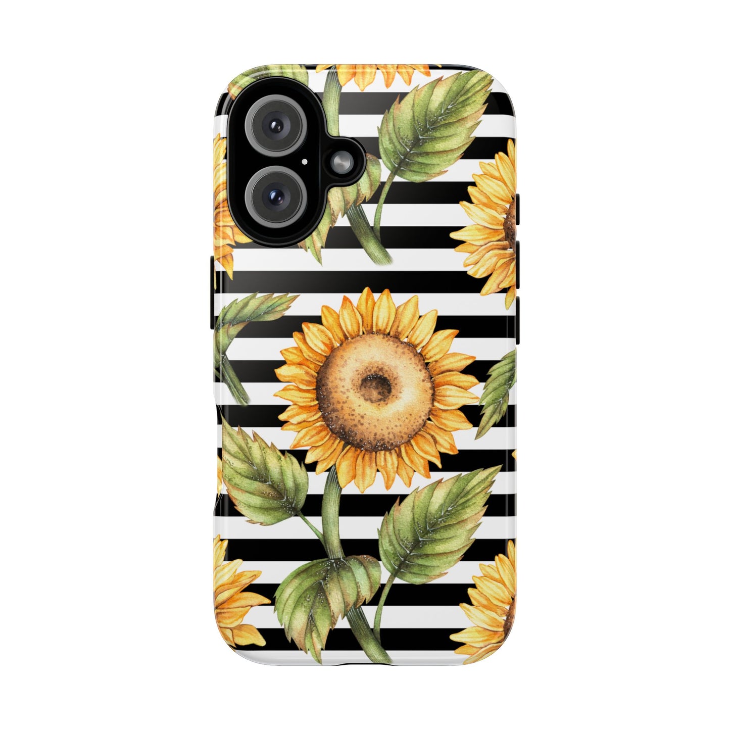 Sunflower Tough Phone Case - Bold Yellow Floral Art, Black and White Striped Aesthetic, Compatible with iPhone, Galaxy, and Google Phones
