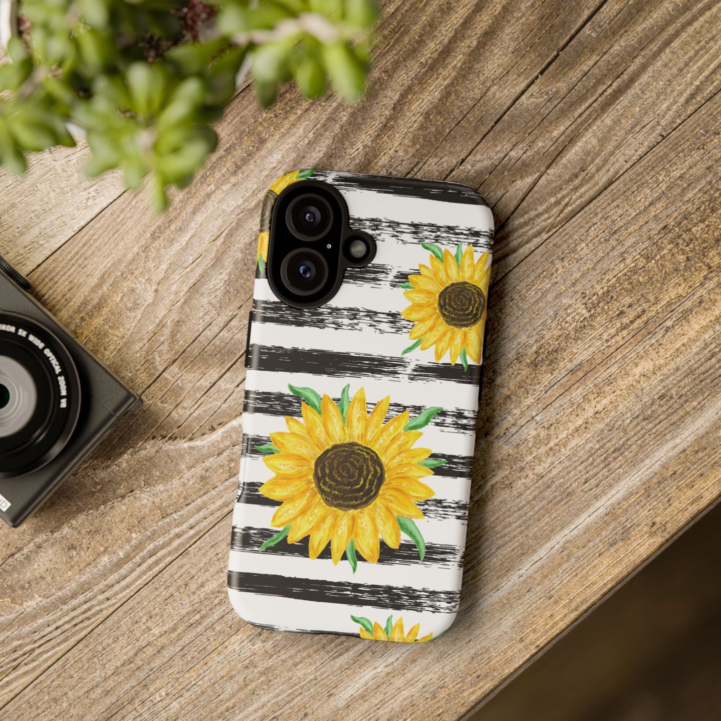 Sunflower Tough Phone Case - Bright Yellow Floral Art, Black and White Striped Aesthetic, Compatible with iPhone, Galaxy, and Google Phones