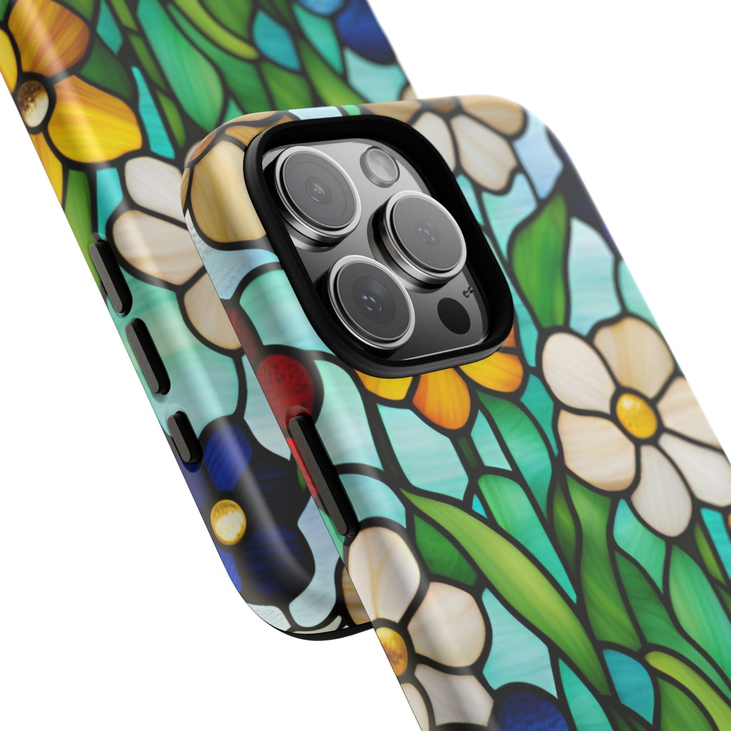 Stained Glass Floral Tough Phone Case Vibrant Protective Cover compatible with iPhone 16 Pro Max Plus 15 14 13 12 11 X Samsung, Google Pixel